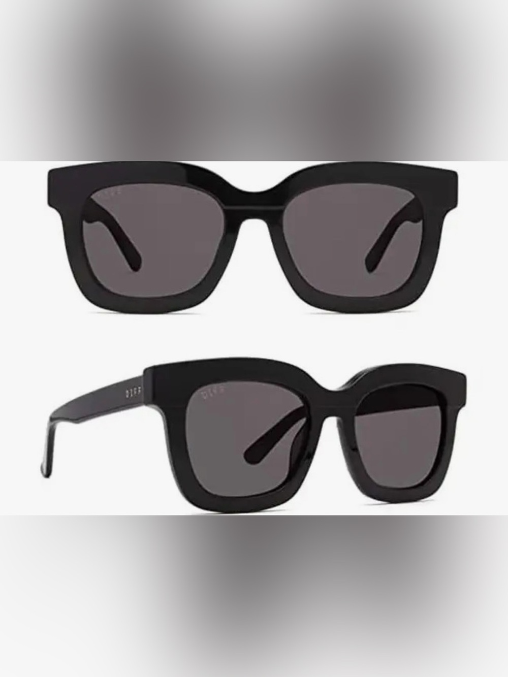 DIFF Black Square Sunglasses with Gray Lenses, Case included